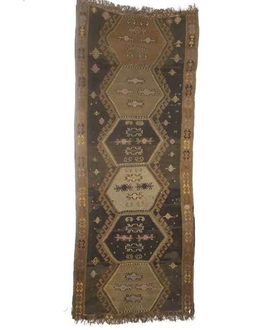 Dark Brown Vintage Tribal 4'8 x 12'4 Kelim Runner Rug
