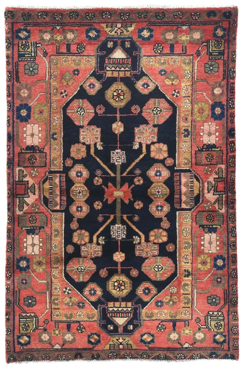 Vintage Dark Navy Floral Tribal 3'6X5'6 Hamedan Persian Rug