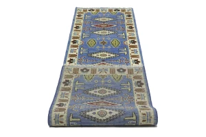 Blue Geometric 3X10 Kazak Oriental Runner Rug