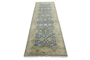 Blue-gray Floral 4X12 Oushak Chobi Oriental Runner Rug