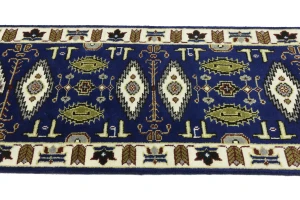 Navy Blue Geometric 3X8 Kazak Oriental Runner Rug