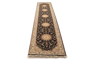 Dark Navy Floral 3X12 Indo-Nain Oriental Runner Rug