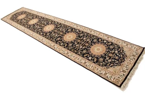 Dark Navy Floral 3X12 Indo-Nain Oriental Runner Rug