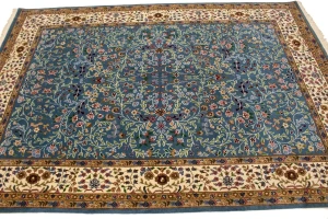 Teal Blue Floral Kirman 6X8 Oriental Rug
