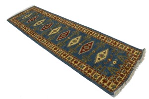 Blue Geometric 3X10 Kazak Oriental Runner Rug