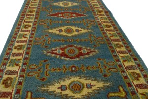 Blue Geometric 3X9 Kazak Oriental Runner Rug