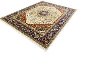 Cream Geometric 7'9X9'6 Heriz Serapi Oriental Rug