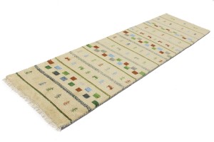 Cream/Beige Pictorial Tribal 2'7X9'5 Indo-Gabbeh Oriental Runner Rug