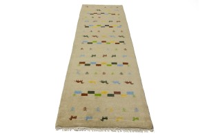 Cream/Beige Pictorial Tribal 3X10 Indo-Gabbeh Oriental Runner Rug