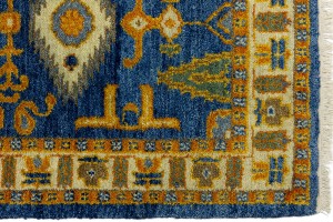 Blue Geometric 3X8 Kazak Oriental Runner Rug
