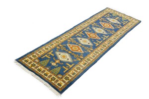 Blue Geometric 3X8 Kazak Oriental Runner Rug