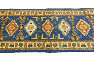 Blue Geometric 3X8 Kazak Oriental Runner Rug