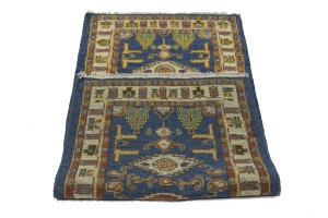 Blue Geometric 2'7X6'4 Kazak Oriental Runner Rug
