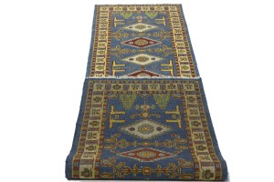 Blue Geometric 2'5X9'7 Kazak Oriental Runner Rug