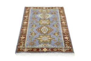 Blue-gray Geometric 3X5 Indo-Karajeh Oriental Rug