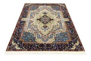 Cream & Navy Floral 5'4X7'8 Kirman Oriental Rug
