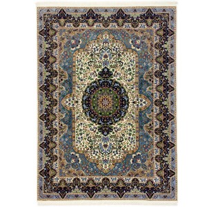 Cream & Navy Floral 6X8 Kirman Oriental Rug