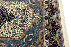 Cream & Navy Floral 6X8 Kirman Oriental Rug
