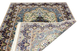 Cream & Navy Floral 6X8 Kirman Oriental Rug