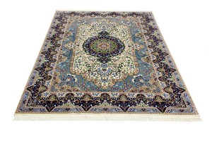 Cream & Navy Floral 6X8 Kirman Oriental Rug