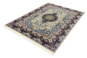 Cream & Navy Floral 6X8 Kirman Oriental Rug