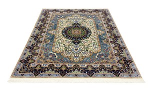 Cream & Navy Floral 6X8 Kirman Oriental Rug