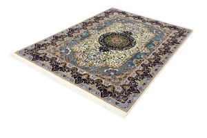 Cream & Navy Floral 6X8 Kirman Oriental Rug