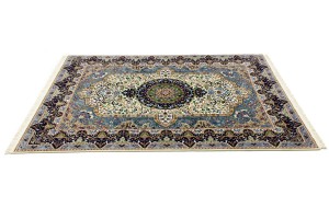 Cream & Navy Floral 6X8 Kirman Oriental Rug