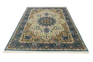 Cream & Blue Floral 6'5X9'2 Kirman Oriental Rug