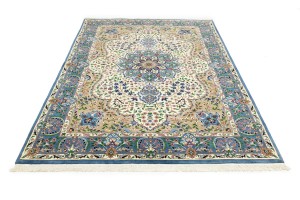 Cream & Blue Floral 6'5X9'2 Kirman Oriental Rug