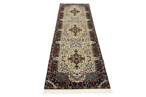 Cream & Navy Floral 3X10 Kirman Oriental Runner Rug