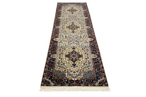 Cream & Navy Floral 3X10 Kirman Oriental Runner Rug