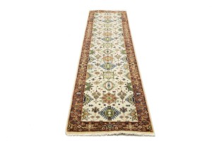 Cream & Rust Tribal Geometric 3X10 Indo-Karajeh Oriental  Runner Rug