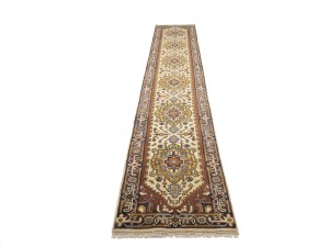 Cream Floral 2'6X15'5 Heriz Serapi Oriental Runner Rug