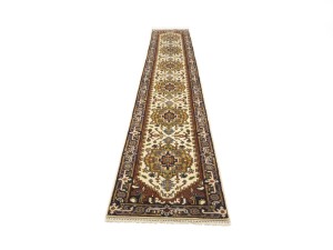 Cream Floral 2'6X15'5 Heriz Serapi Oriental Runner Rug