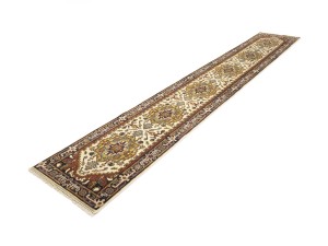 Cream Floral 2'6X15'5 Heriz Serapi Oriental Runner Rug