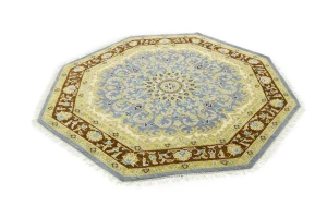 Blue-gray Floral 6X6 Traditional Oushak Oriental Octagon Rug
