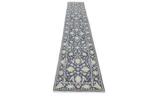 Muted Slate Blue Floral 2'6X13'9 Transitional Oriental Runner Rug
