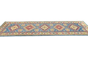 Blue Tribal Geometric 3X8 Kazak Pakistan Oriental Runner Rug