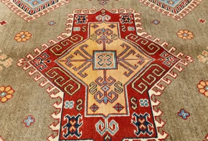 Muted Khaki Tribal Geometric 8X10 Kazak Pakistan Oriental Rug