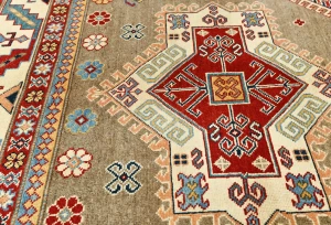 Muted Khaki Tribal Geometric 8X10 Kazak Pakistan Oriental Rug
