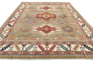 Muted Khaki Tribal Geometric 8X10 Kazak Pakistan Oriental Rug