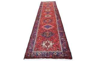 Vintage Red Geometric 3'6X14'7 Karajeh Persian Runner Rug