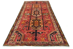 Vintage Coral Red Pictorial Tribal 5'0X10'5 Heriz Persian Runner Rug
