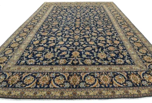 Vintage Dark Navy Floral Traditional 9X13 Kashan Persian Rug