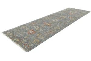 Muted Gray Floral Transitional 3X10 Oushak Oriental Runner Rug