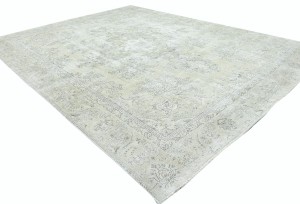 Antique Muted Beige Floral 9X11'5 Distressed Vintage Oriental Rug