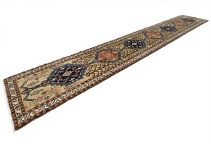 Vintage Beige Geometric 3X18 Ardebil Persian Runner Rug