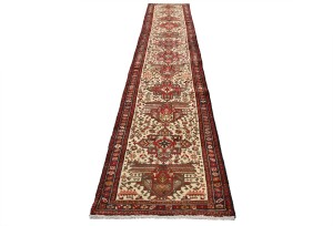 Vintage Cream Geometric 2'5X13 Karajeh Persian Runner Rug